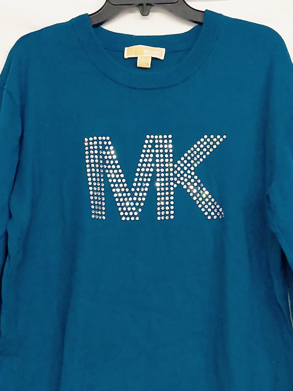 Michael Kors Teal Blue Crewneck Sweater with Crystal MK